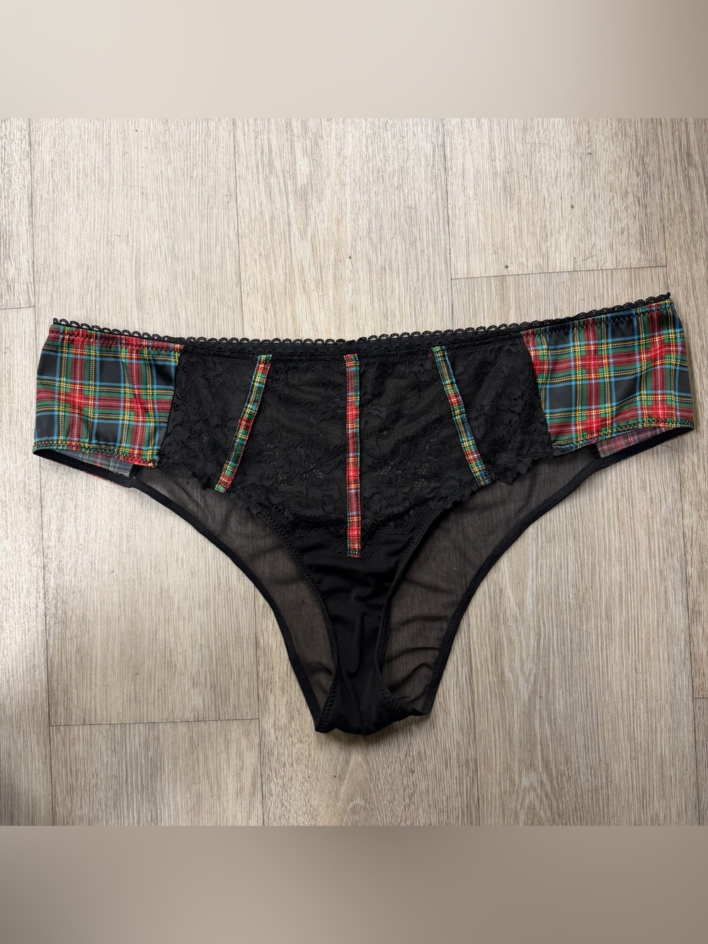 Adore Me Black Bikini Panty with Red & Green Plaid Accents
